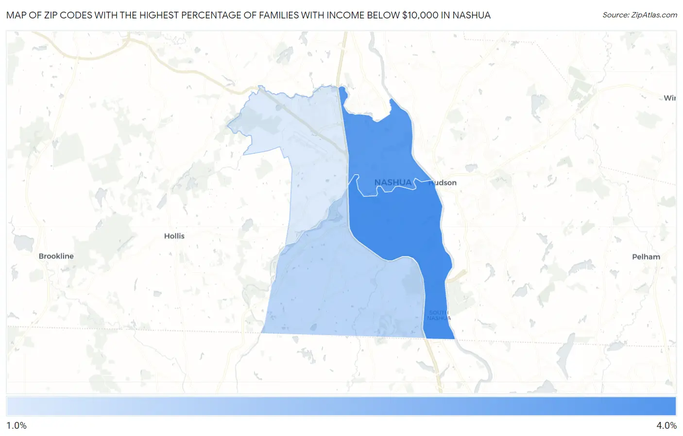 Zip Codes with the Highest Percentage of Families with Income Below $10,000 in Nashua Map