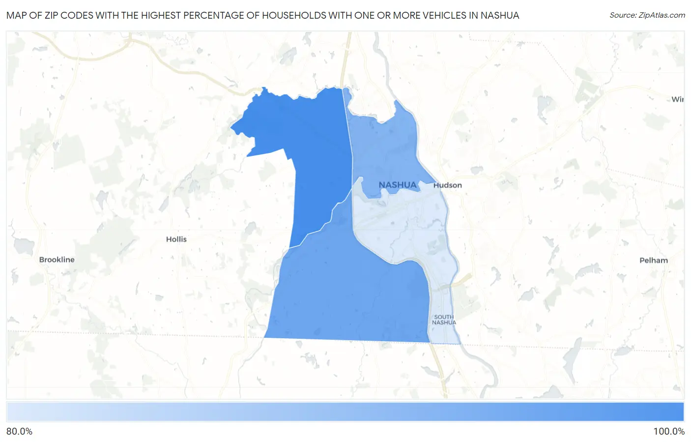 Zip Codes with the Highest Percentage of Households With One or more Vehicles in Nashua Map