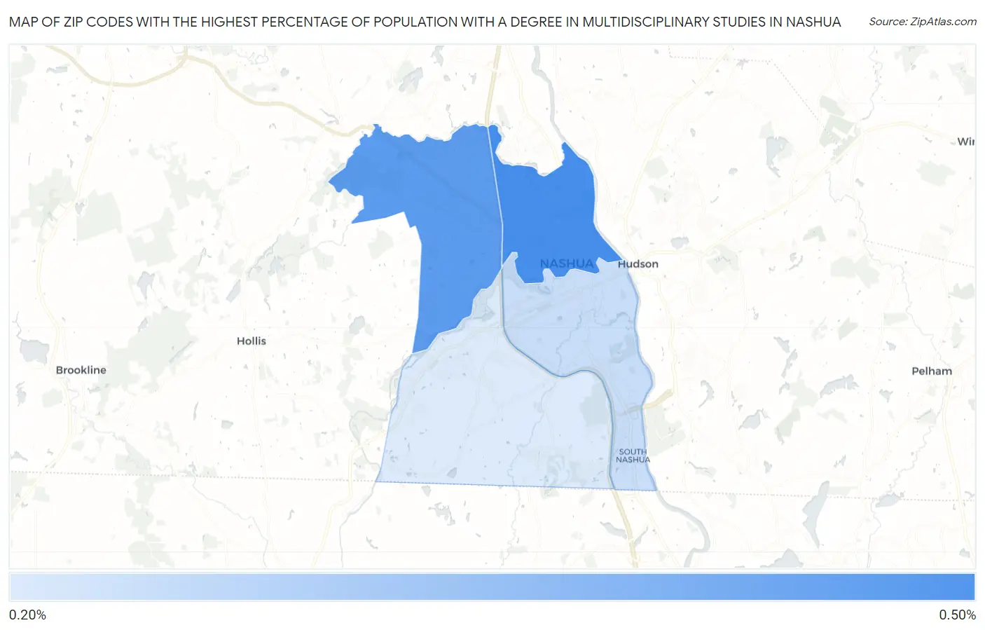 Zip Codes with the Highest Percentage of Population with a Degree in Multidisciplinary Studies in Nashua Map