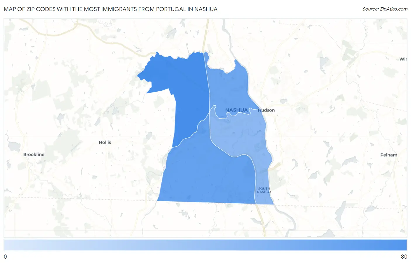 Zip Codes with the Most Immigrants from Portugal in Nashua Map