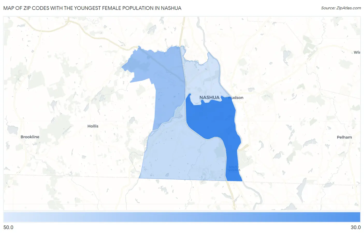 Zip Codes with the Youngest Female Population in Nashua Map