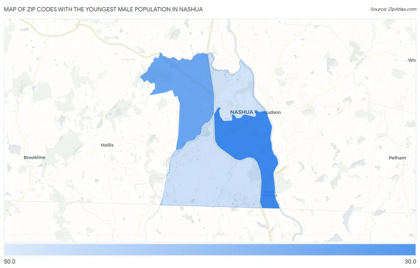 Zip Codes with the Youngest Male Population in Nashua Map
