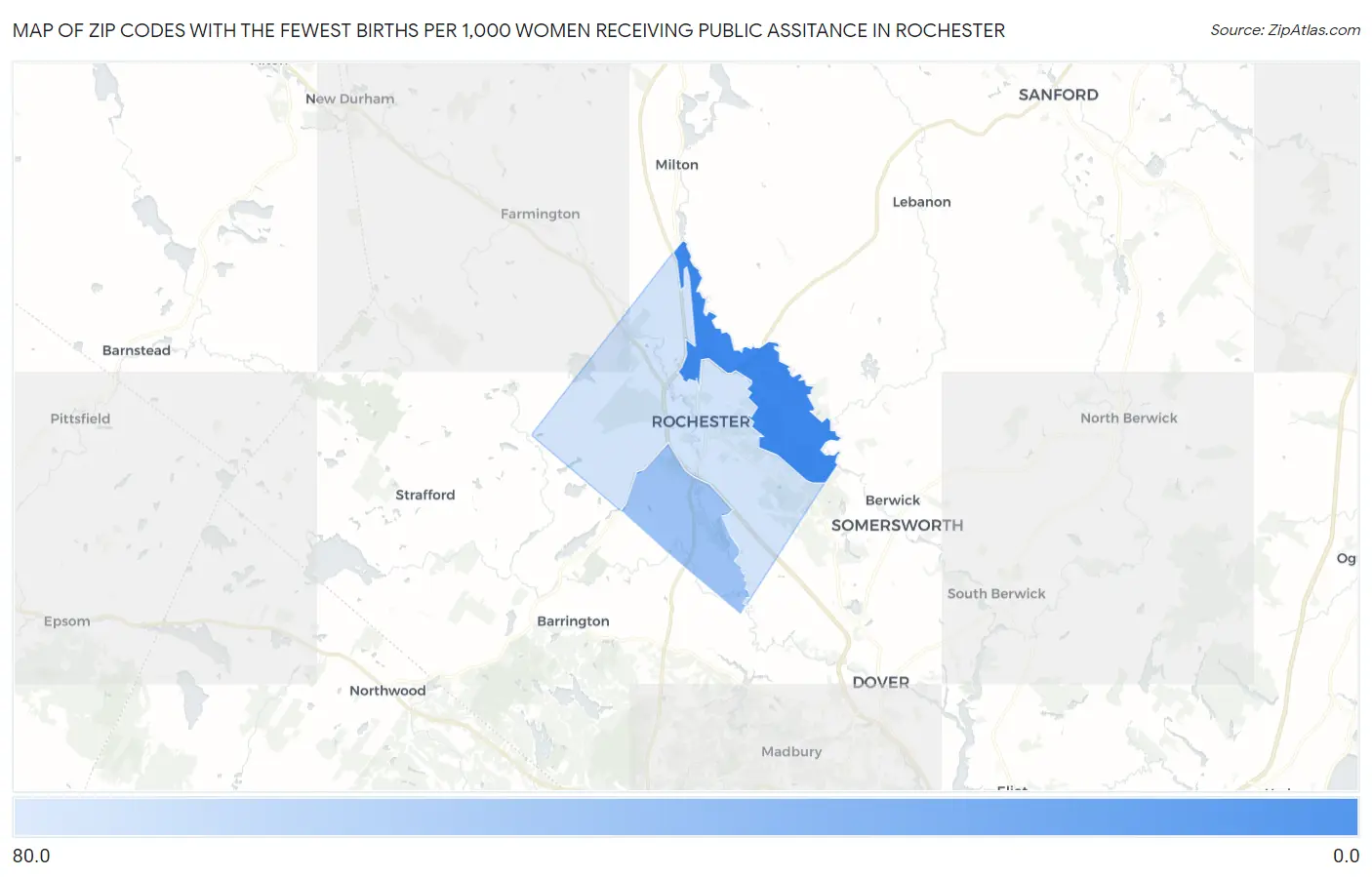 Zip Codes with the Fewest Births per 1,000 Women Receiving Public Assitance in Rochester Map