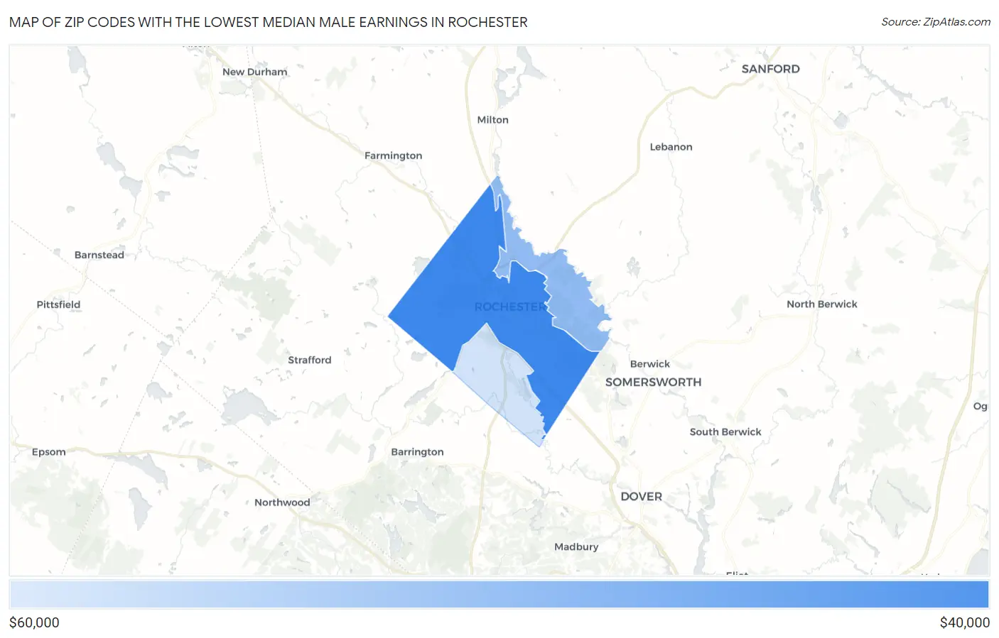 Zip Codes with the Lowest Median Male Earnings in Rochester Map