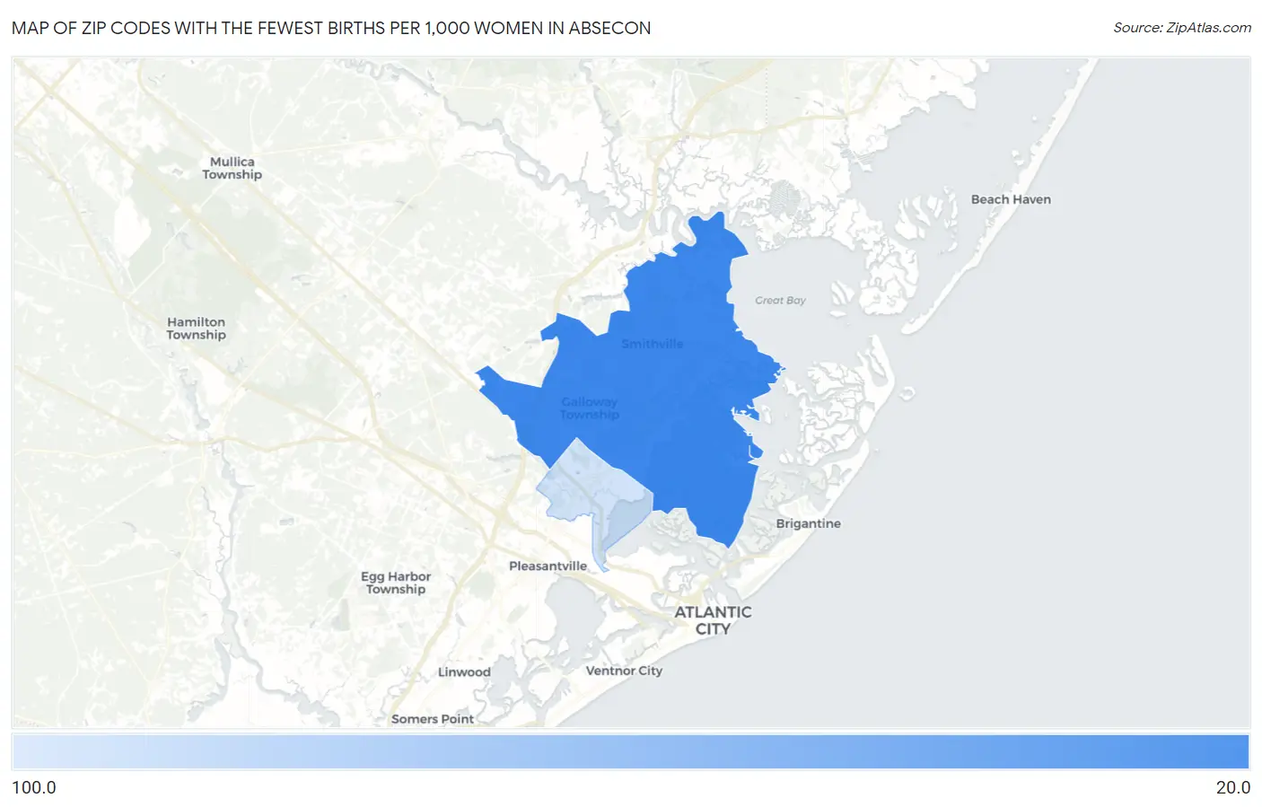 Zip Codes with the Fewest Births per 1,000 Women in Absecon Map