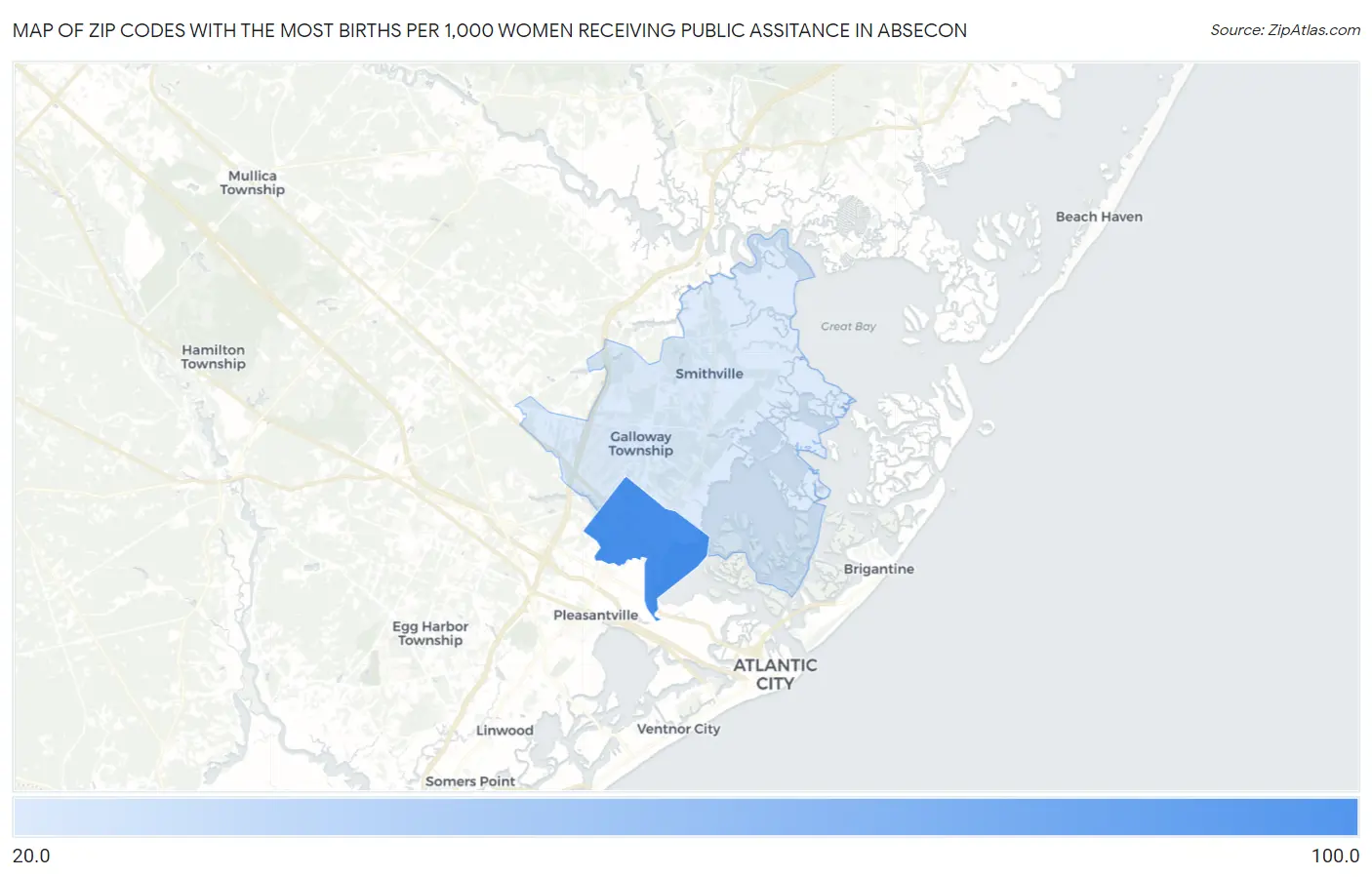 Zip Codes with the Most Births per 1,000 Women Receiving Public Assitance in Absecon Map