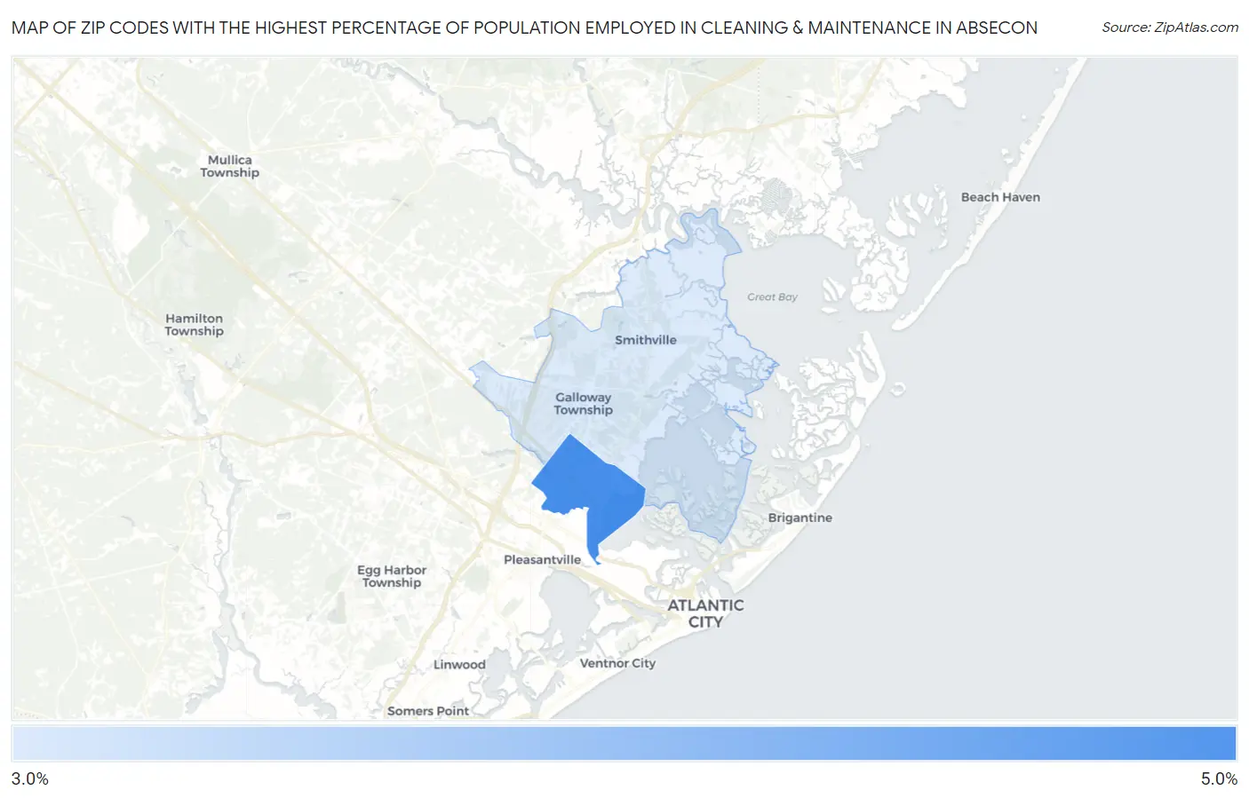 Zip Codes with the Highest Percentage of Population Employed in Cleaning & Maintenance in Absecon Map