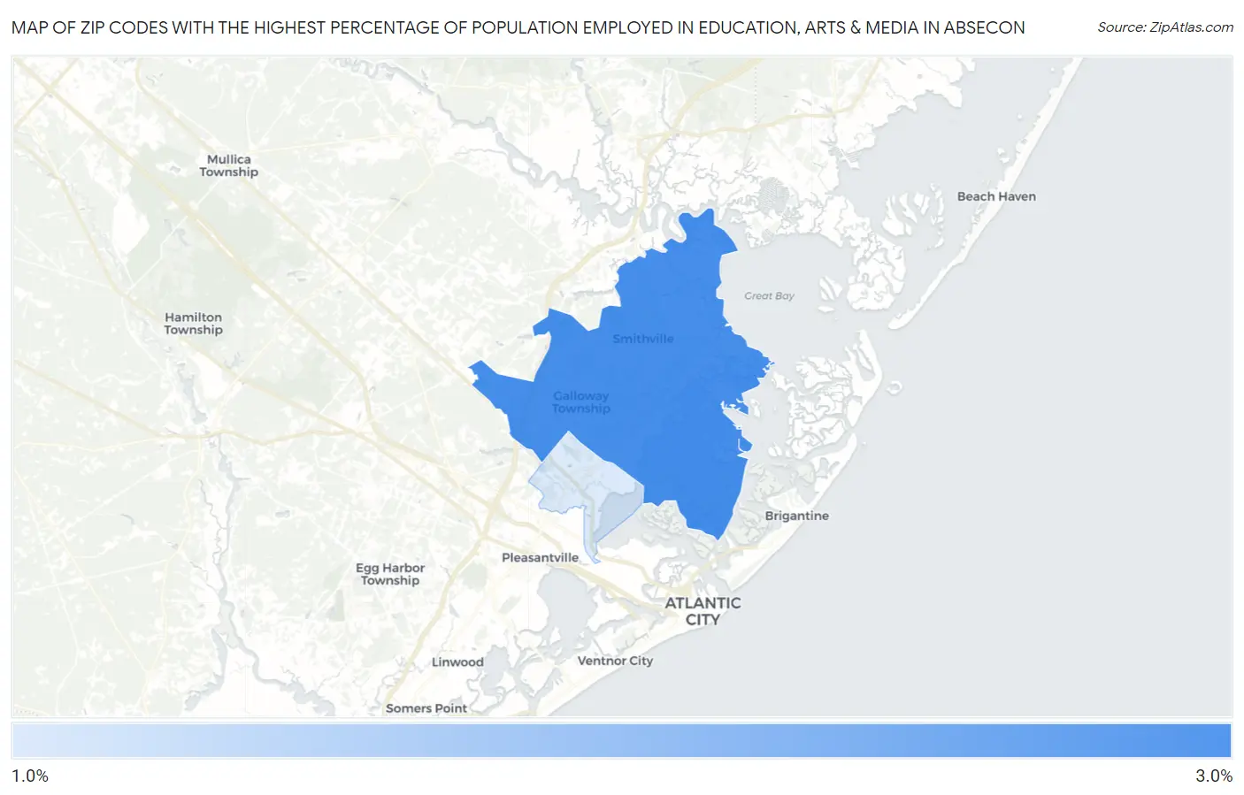Zip Codes with the Highest Percentage of Population Employed in Education, Arts & Media in Absecon Map