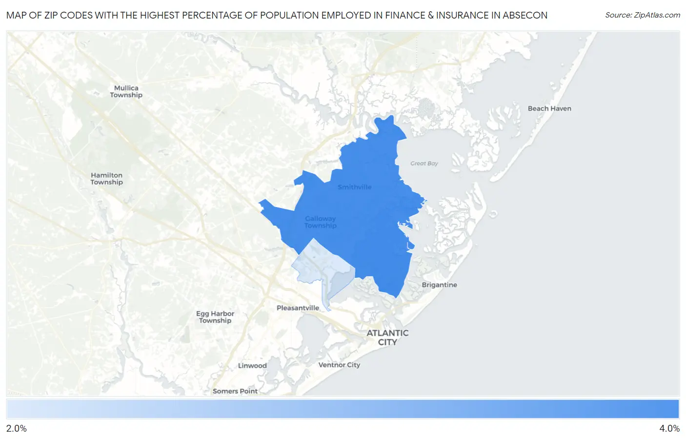 Zip Codes with the Highest Percentage of Population Employed in Finance & Insurance in Absecon Map