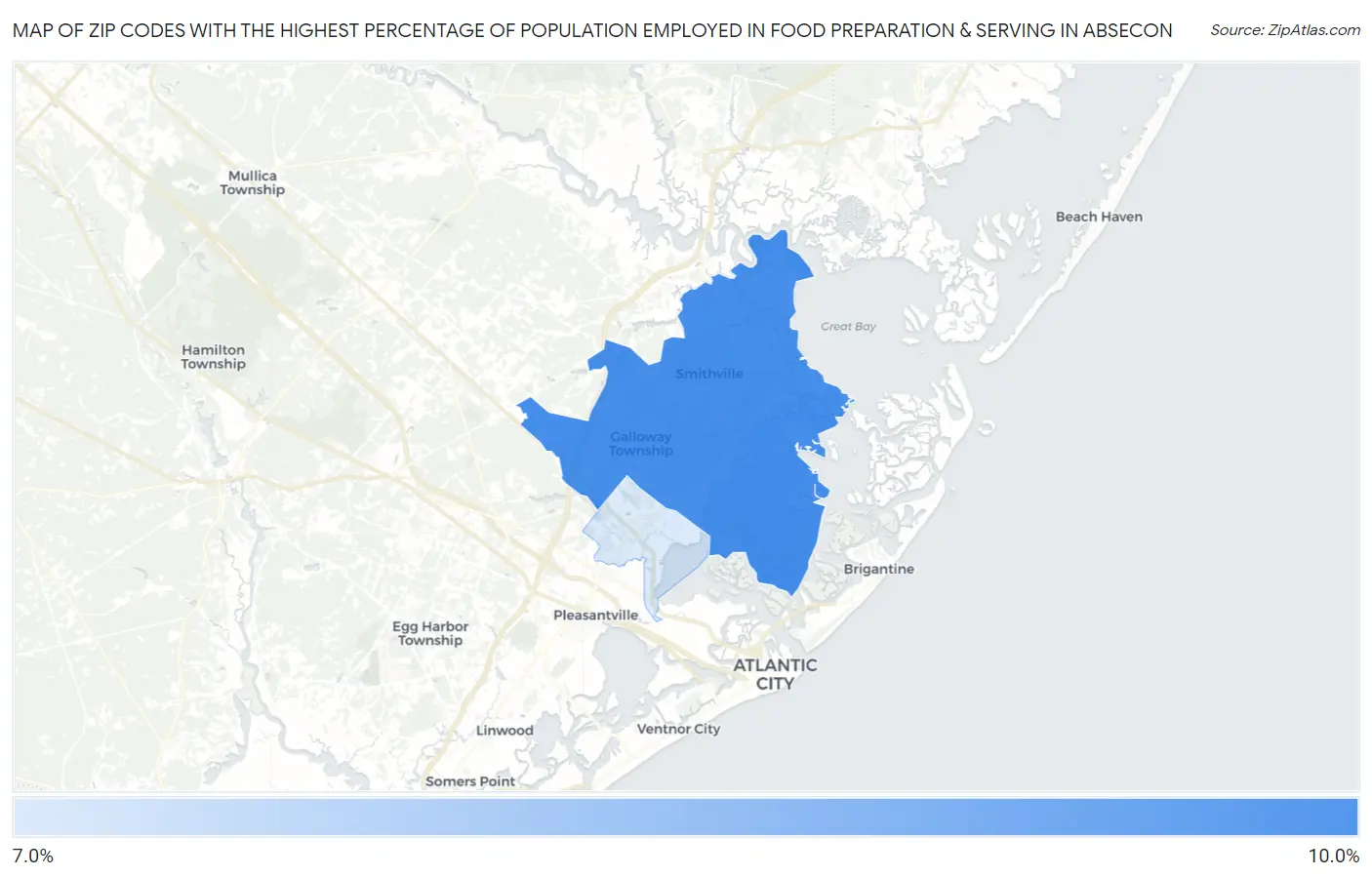 Zip Codes with the Highest Percentage of Population Employed in Food Preparation & Serving in Absecon Map