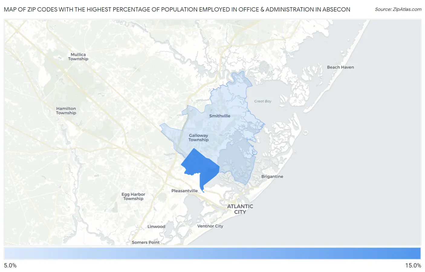 Zip Codes with the Highest Percentage of Population Employed in Office & Administration in Absecon Map