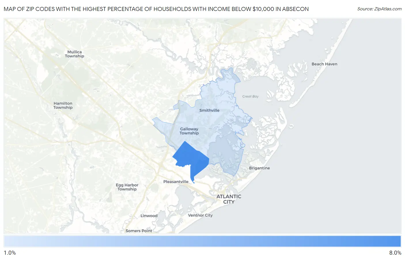 Zip Codes with the Highest Percentage of Households with Income Below $10,000 in Absecon Map