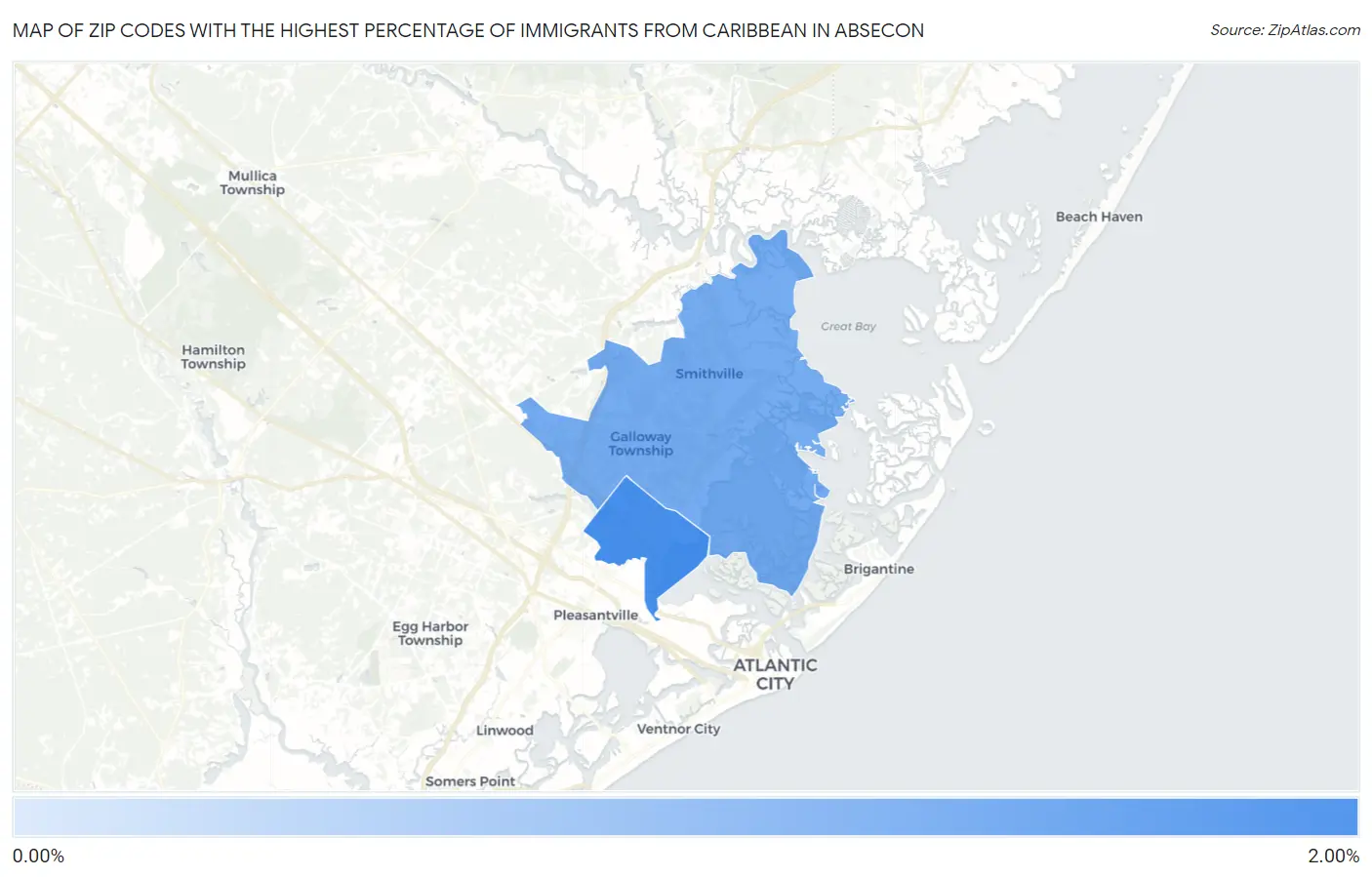 Zip Codes with the Highest Percentage of Immigrants from Caribbean in Absecon Map