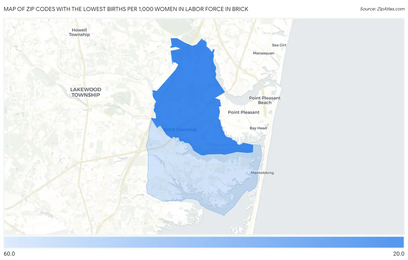 Zip Codes with the Lowest Births per 1,000 Women in Labor Force in Brick Map