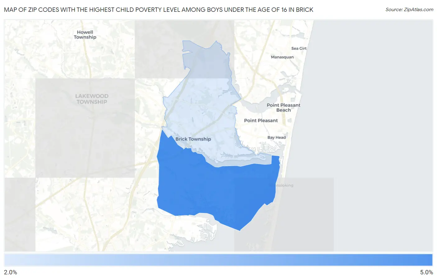 Zip Codes with the Highest Child Poverty Level Among Boys Under the Age of 16 in Brick Map