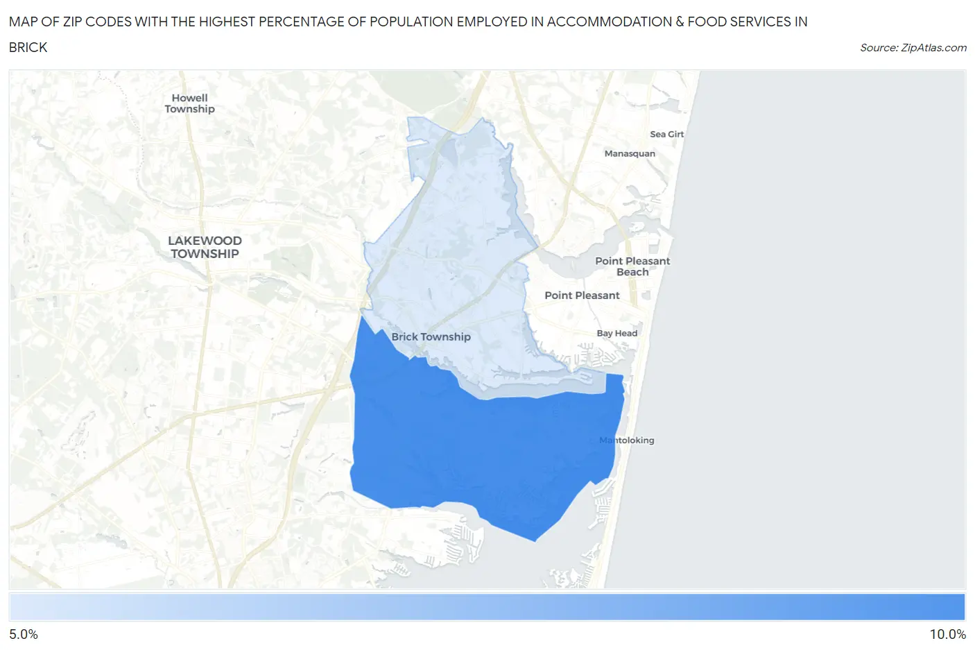 Zip Codes with the Highest Percentage of Population Employed in Accommodation & Food Services in Brick Map