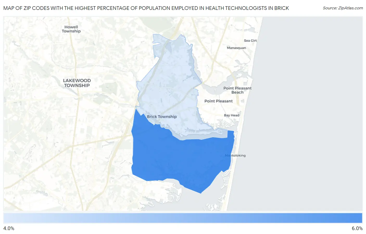 Zip Codes with the Highest Percentage of Population Employed in Health Technologists in Brick Map