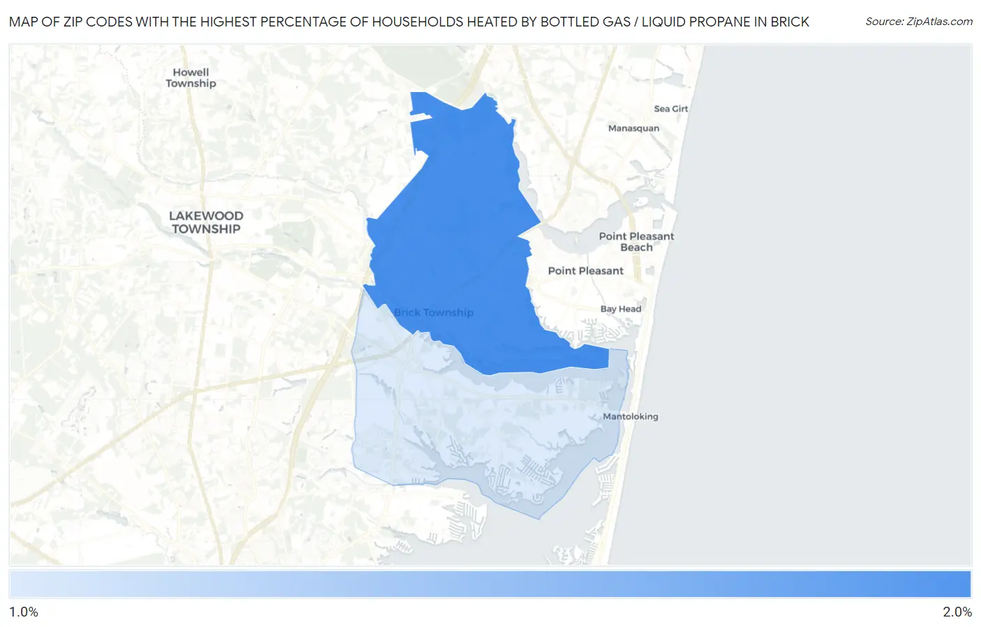 Zip Codes with the Highest Percentage of Households Heated by Bottled Gas / Liquid Propane in Brick Map