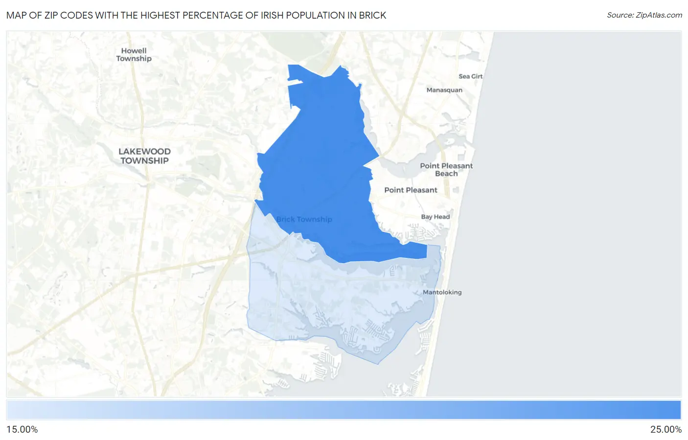 Zip Codes with the Highest Percentage of Irish Population in Brick Map