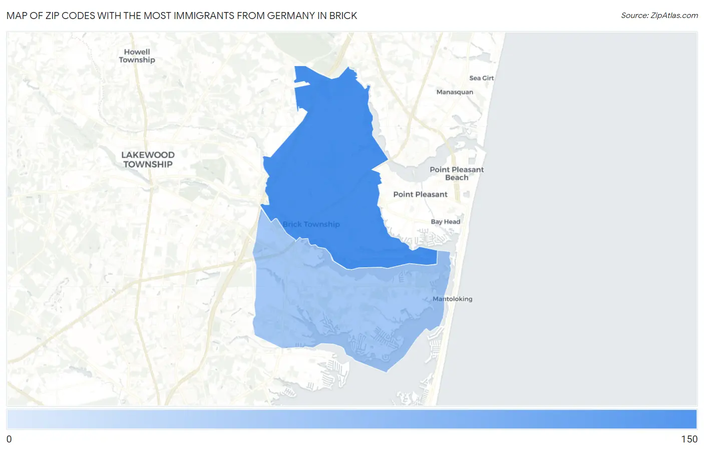 Zip Codes with the Most Immigrants from Germany in Brick Map