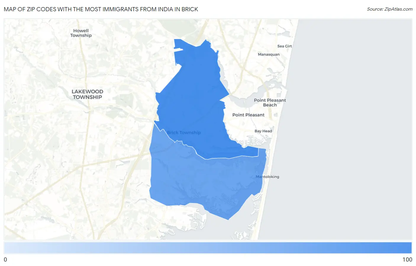 Zip Codes with the Most Immigrants from India in Brick Map