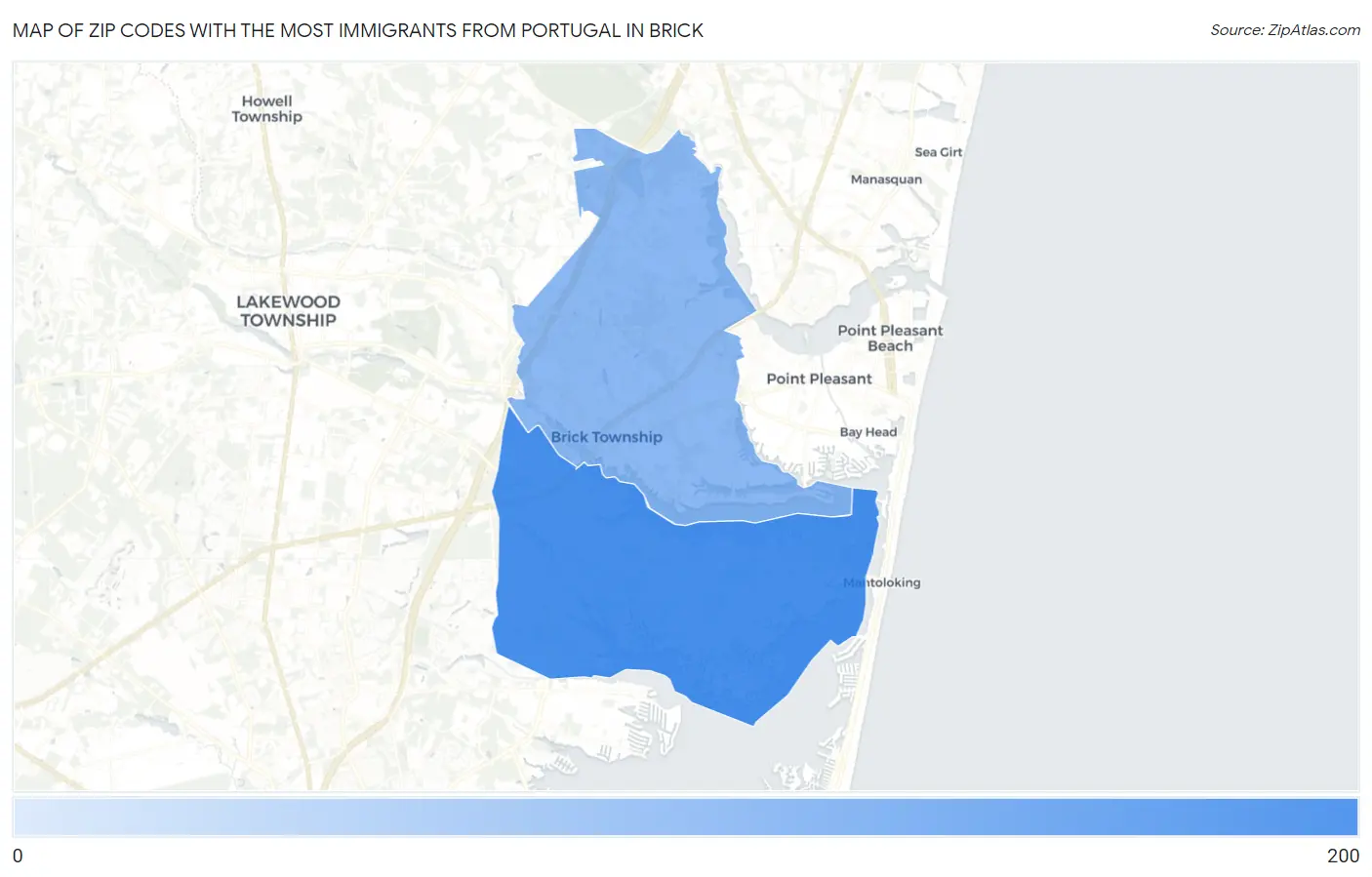 Zip Codes with the Most Immigrants from Portugal in Brick Map