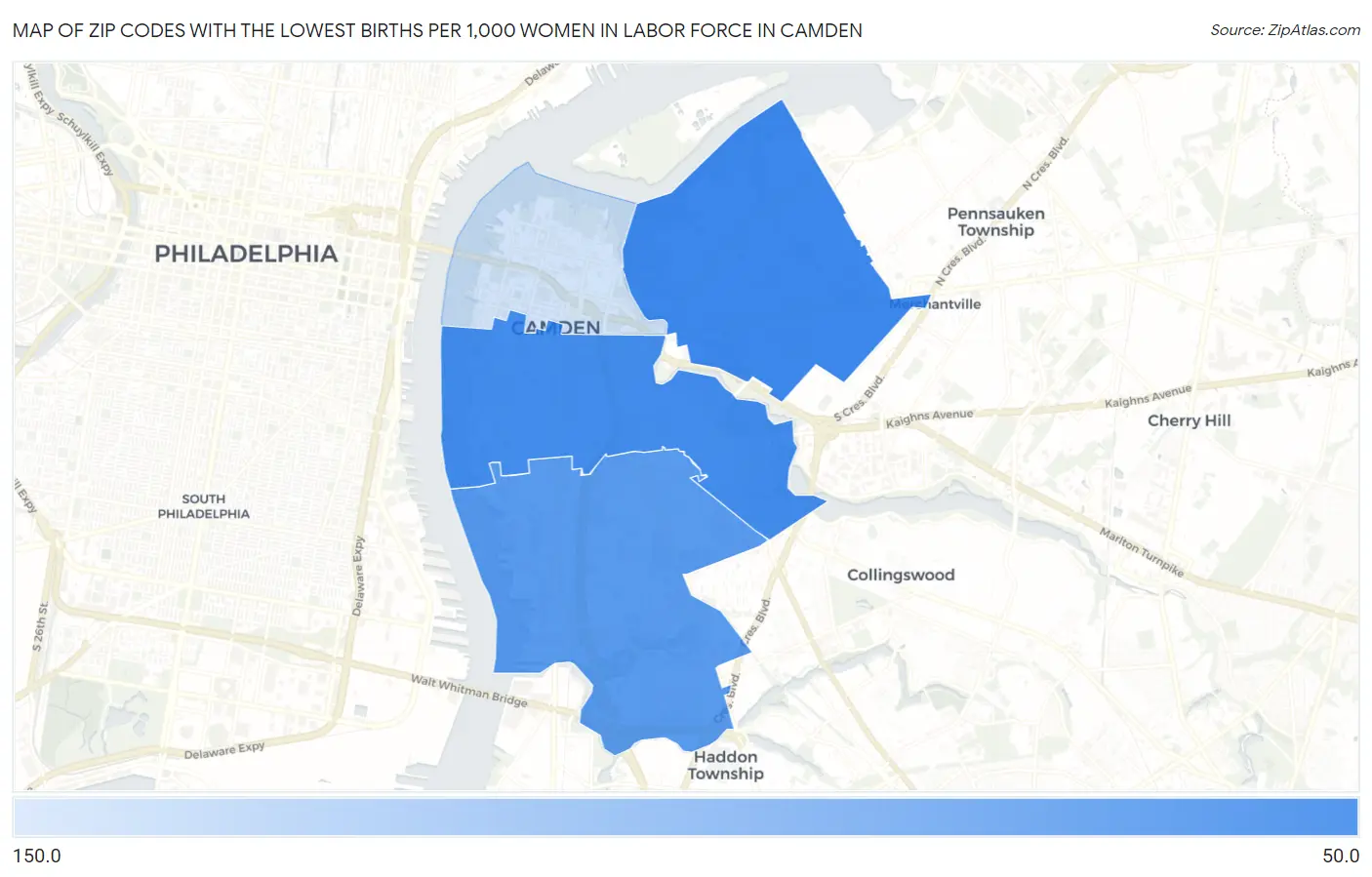 Zip Codes with the Lowest Births per 1,000 Women in Labor Force in Camden Map