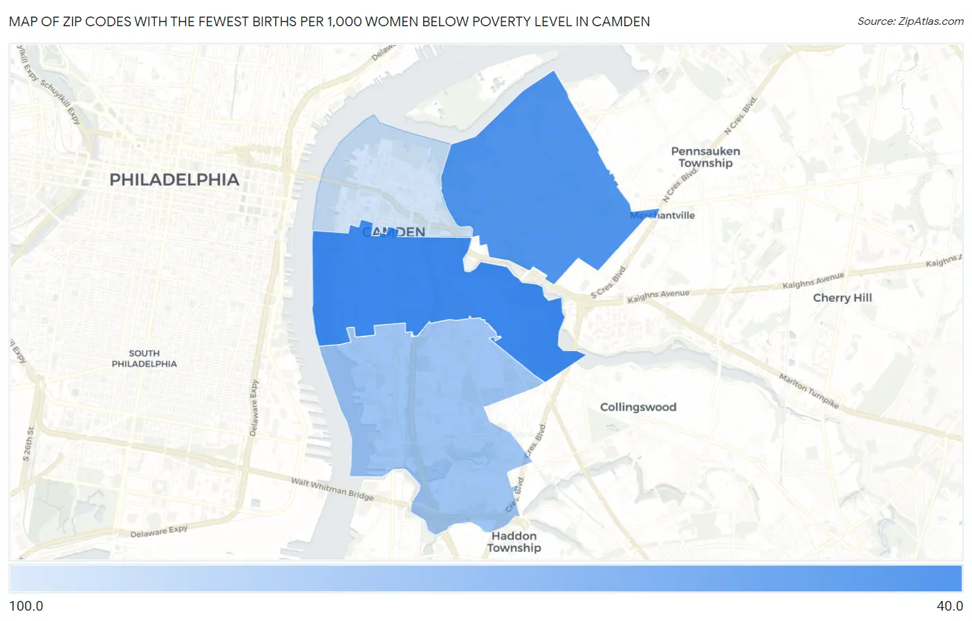 Zip Codes with the Fewest Births per 1,000 Women Below Poverty Level in Camden Map