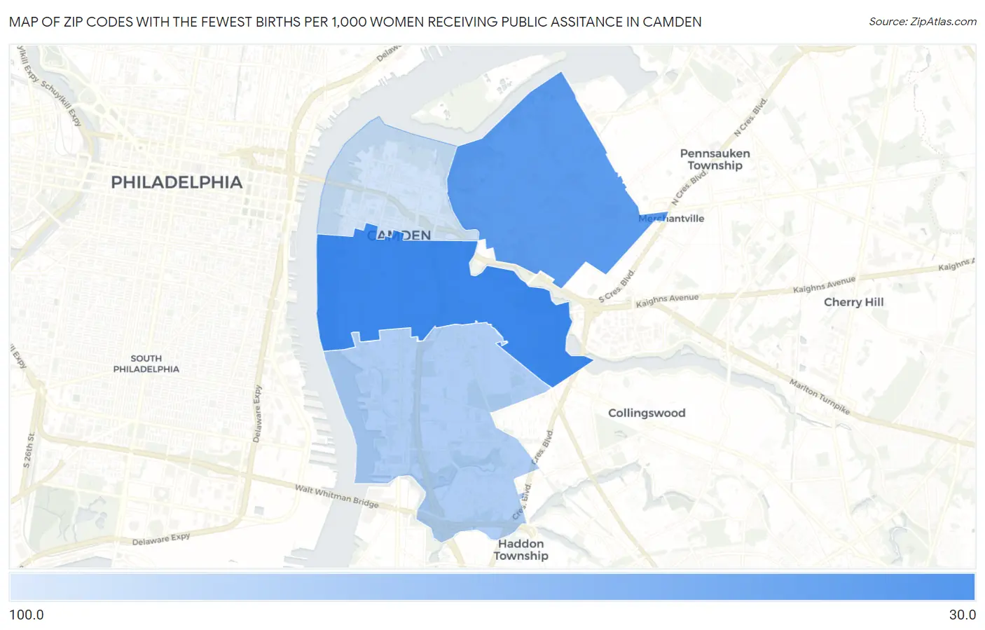 Zip Codes with the Fewest Births per 1,000 Women Receiving Public Assitance in Camden Map