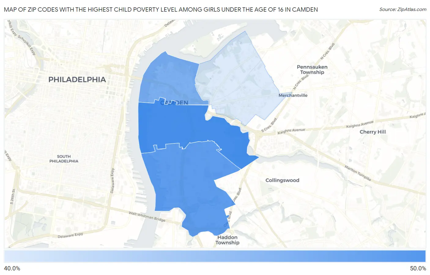 Zip Codes with the Highest Child Poverty Level Among Girls Under the Age of 16 in Camden Map