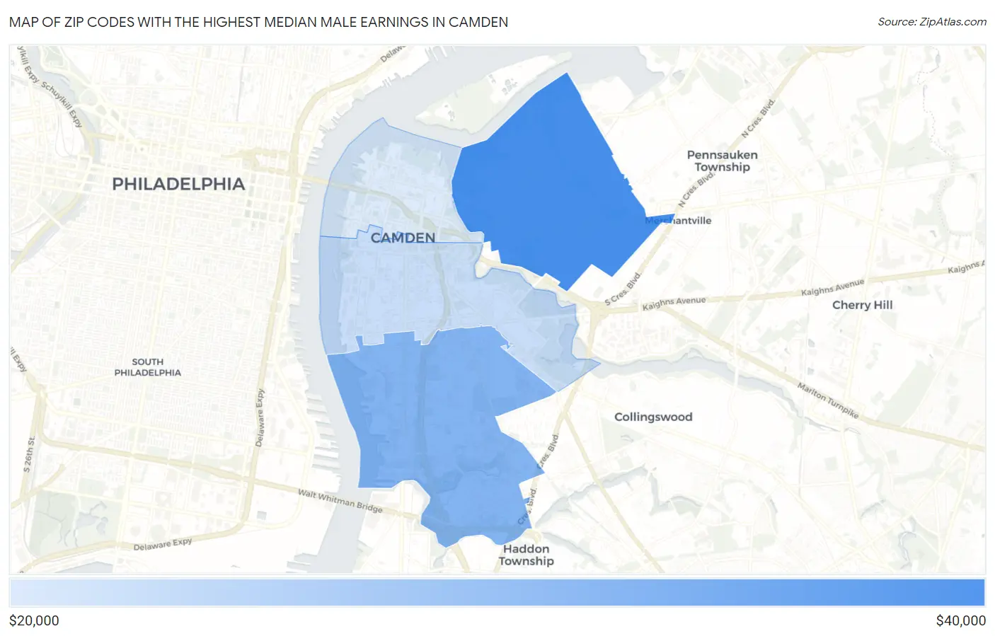 Zip Codes with the Highest Median Male Earnings in Camden Map