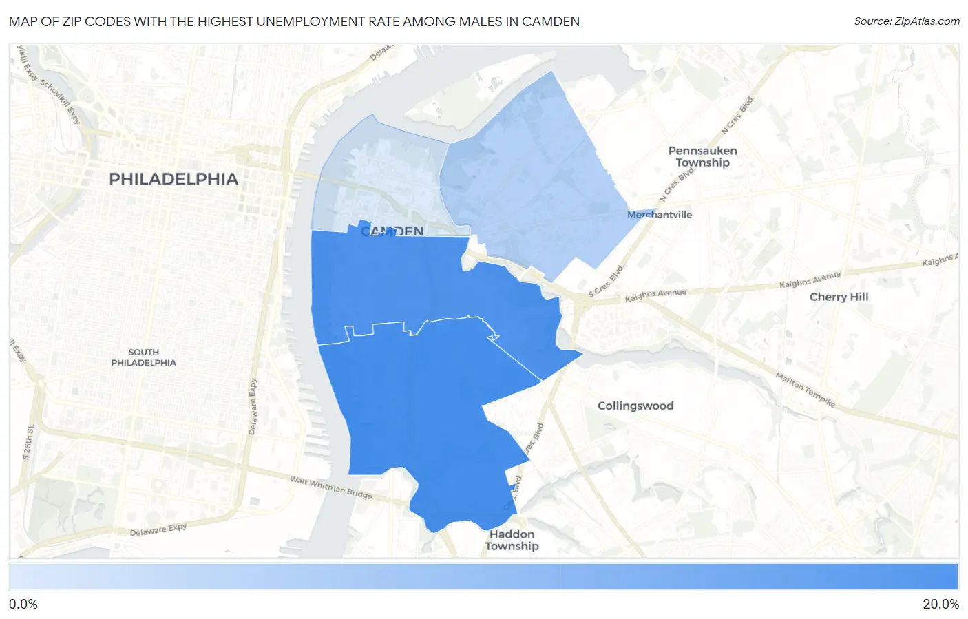 Zip Codes with the Highest Unemployment Rate Among Males in Camden Map