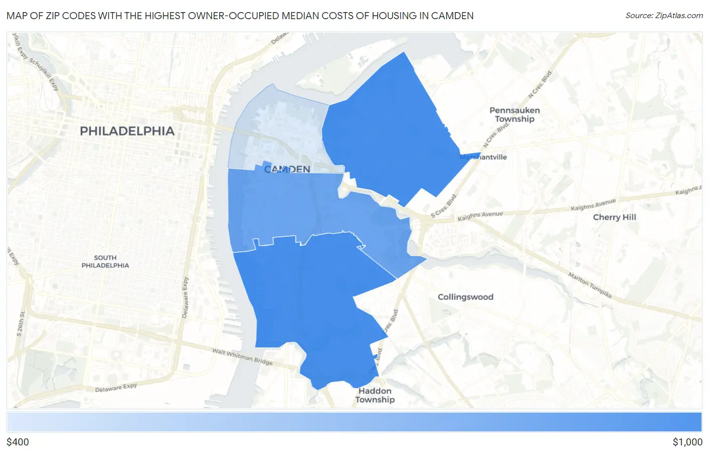 Zip Codes with the Highest Owner-Occupied Median Costs of Housing in Camden Map