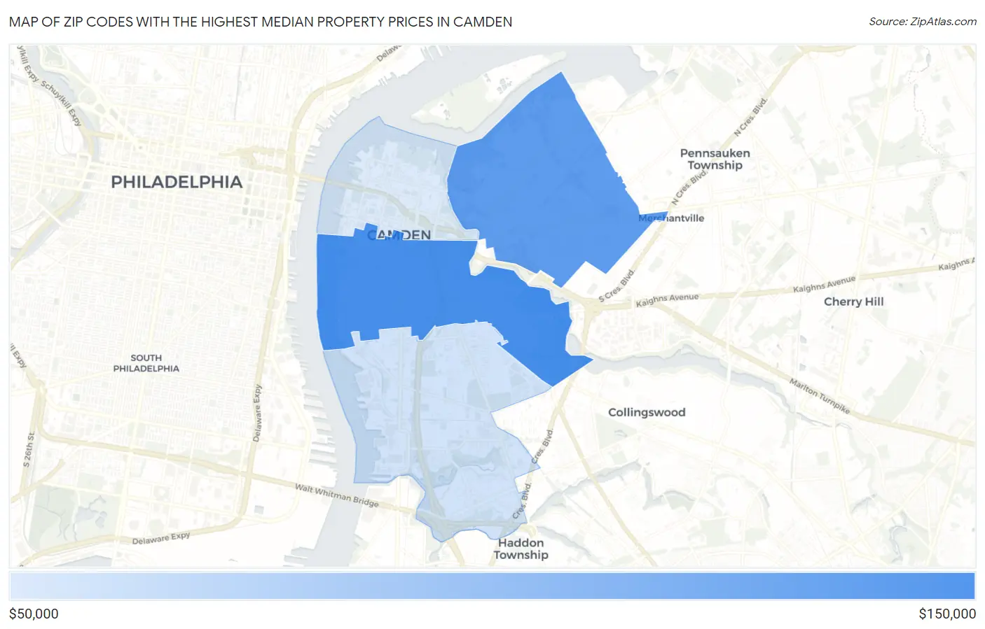 Zip Codes with the Highest Median Property Prices in Camden Map
