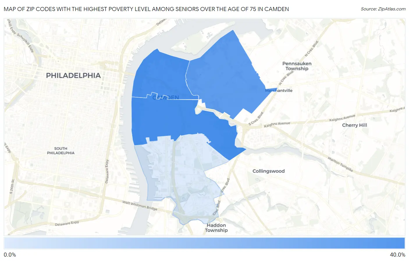 Zip Codes with the Highest Poverty Level Among Seniors Over the Age of 75 in Camden Map