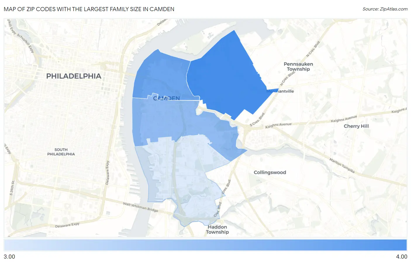Zip Codes with the Largest Family Size in Camden Map