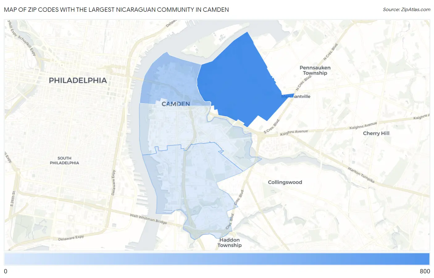 Zip Codes with the Largest Nicaraguan Community in Camden Map