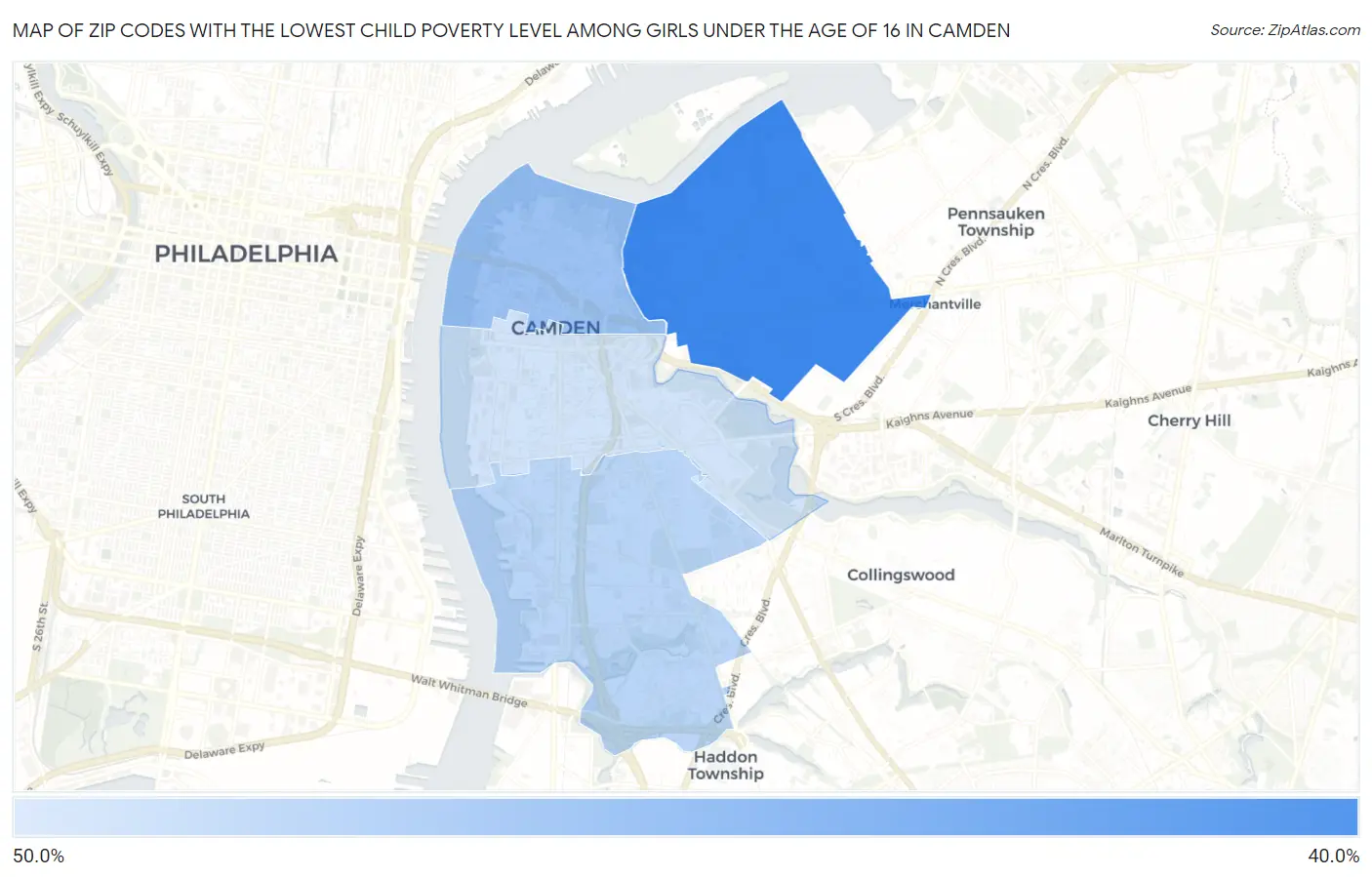 Zip Codes with the Lowest Child Poverty Level Among Girls Under the Age of 16 in Camden Map