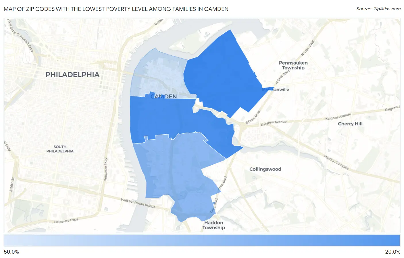 Zip Codes with the Lowest Poverty Level Among Families in Camden Map