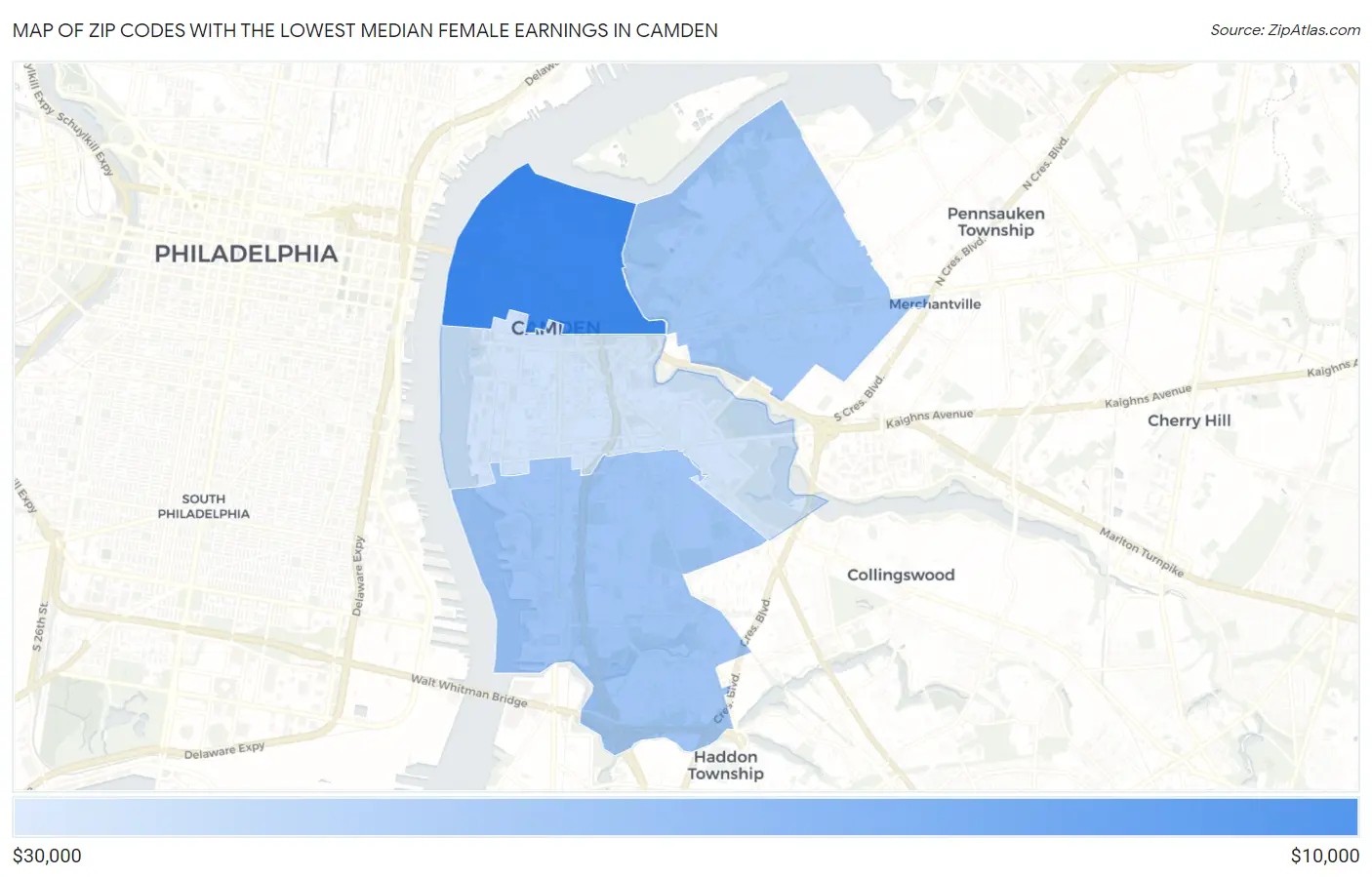 Zip Codes with the Lowest Median Female Earnings in Camden Map