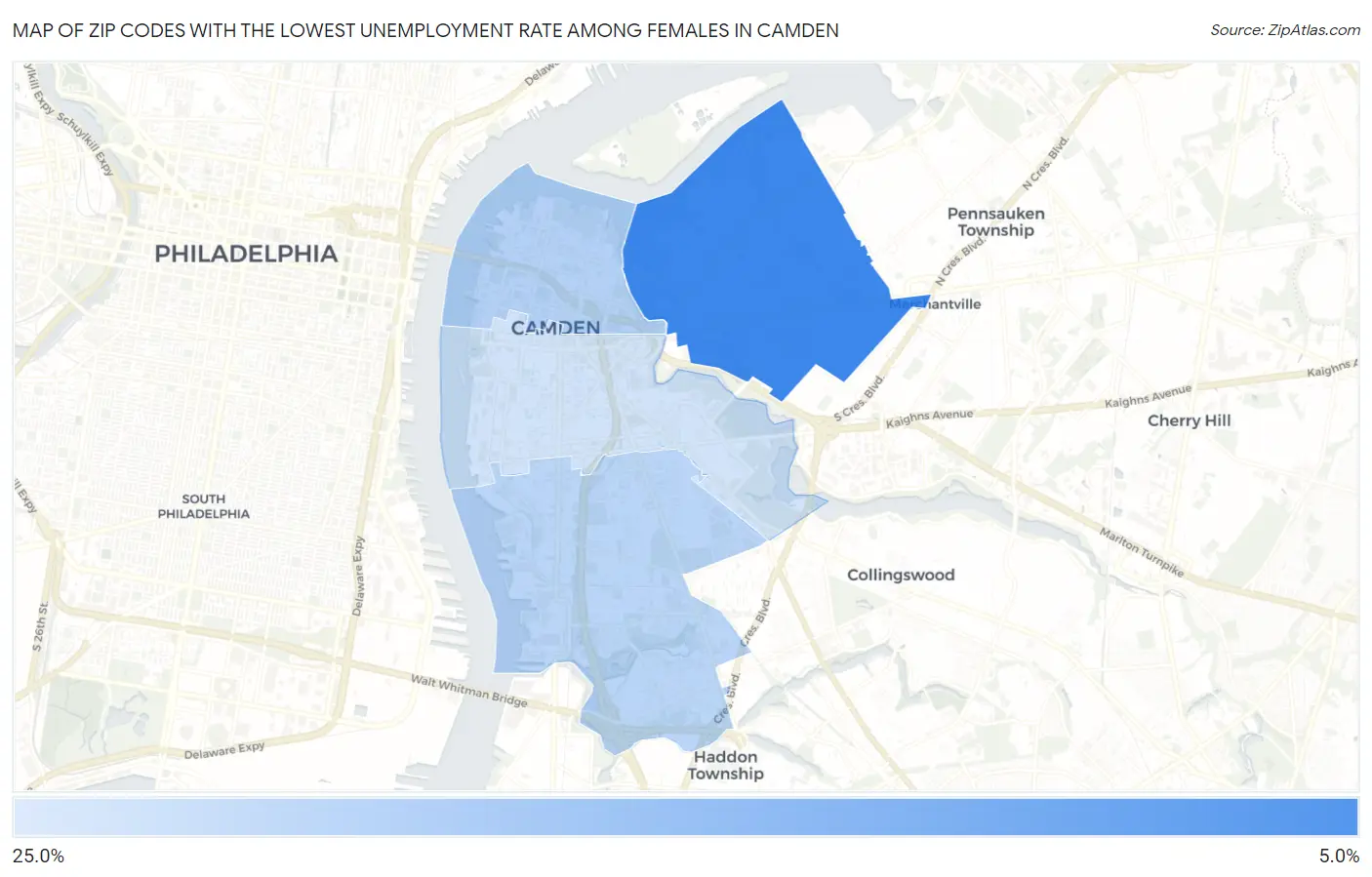 Zip Codes with the Lowest Unemployment Rate Among Females in Camden Map