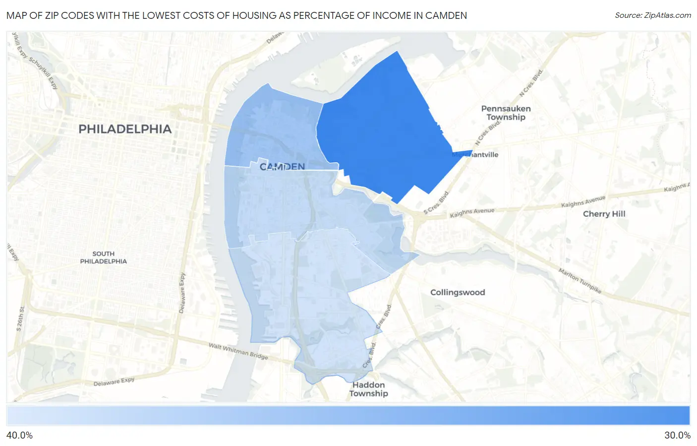 Zip Codes with the Lowest Costs of Housing as Percentage of Income in Camden Map