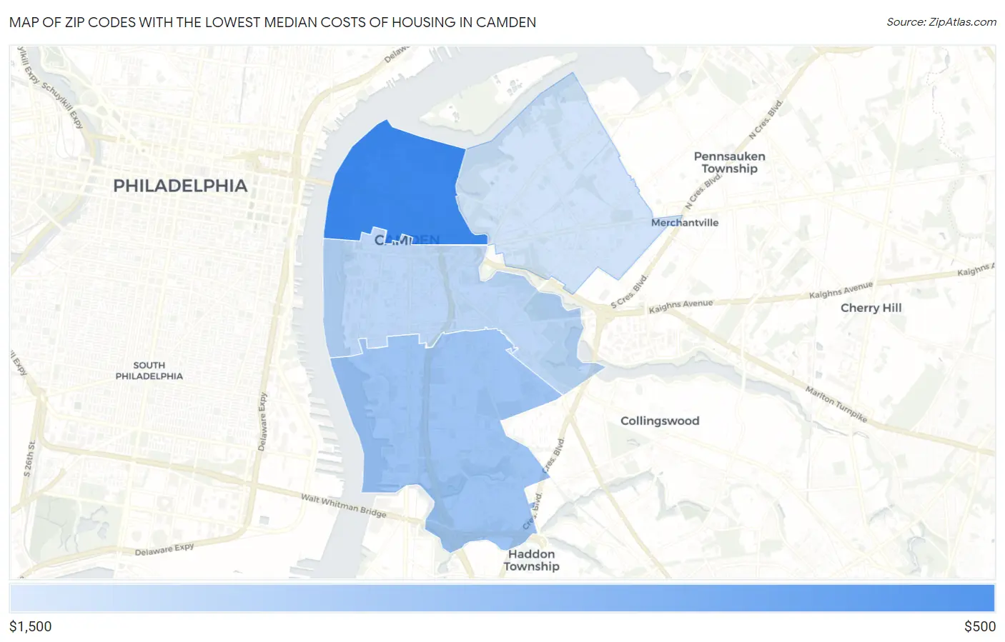Zip Codes with the Lowest Median Costs of Housing in Camden Map
