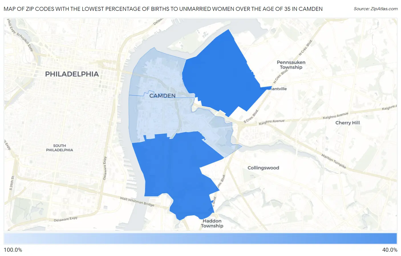 Zip Codes with the Lowest Percentage of Births to Unmarried Women over the Age of 35 in Camden Map