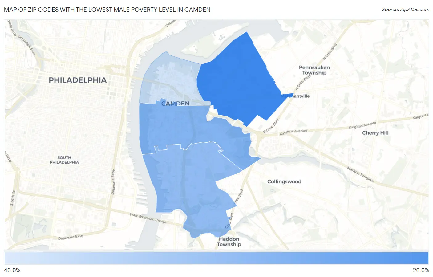 Zip Codes with the Lowest Male Poverty Level in Camden Map