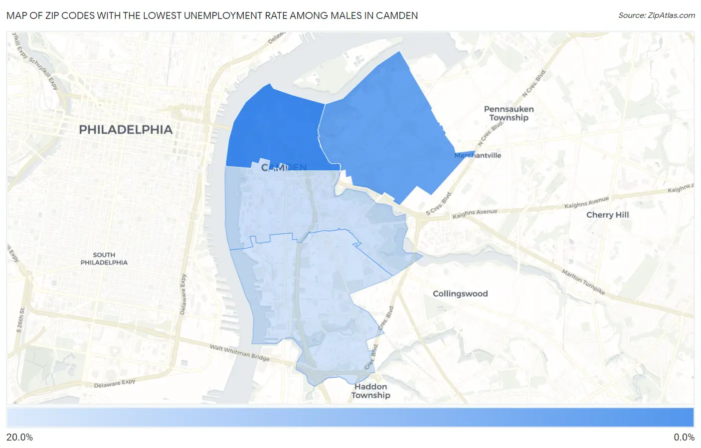 Zip Codes with the Lowest Unemployment Rate Among Males in Camden Map