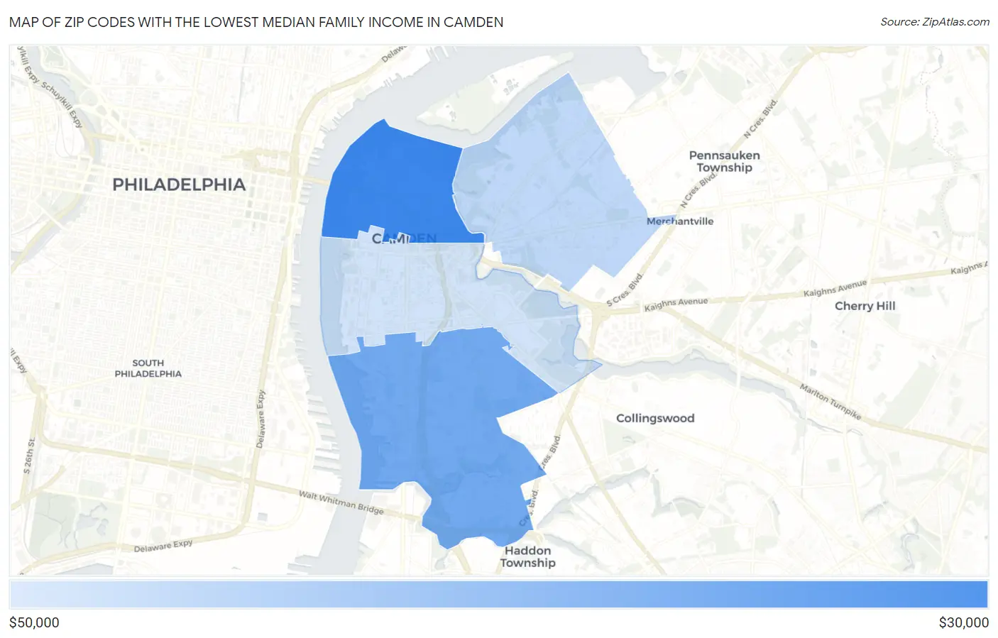 Zip Codes with the Lowest Median Family Income in Camden Map