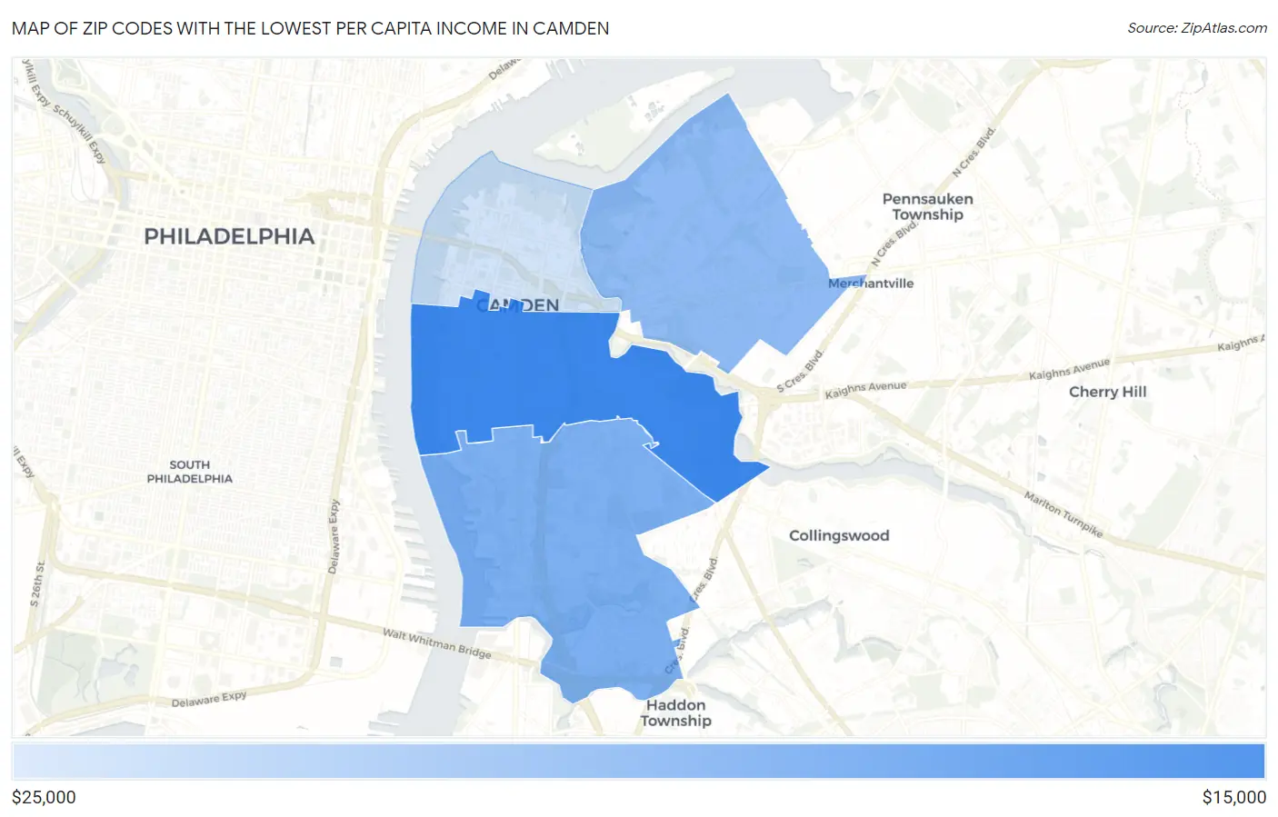 Zip Codes with the Lowest Per Capita Income in Camden Map