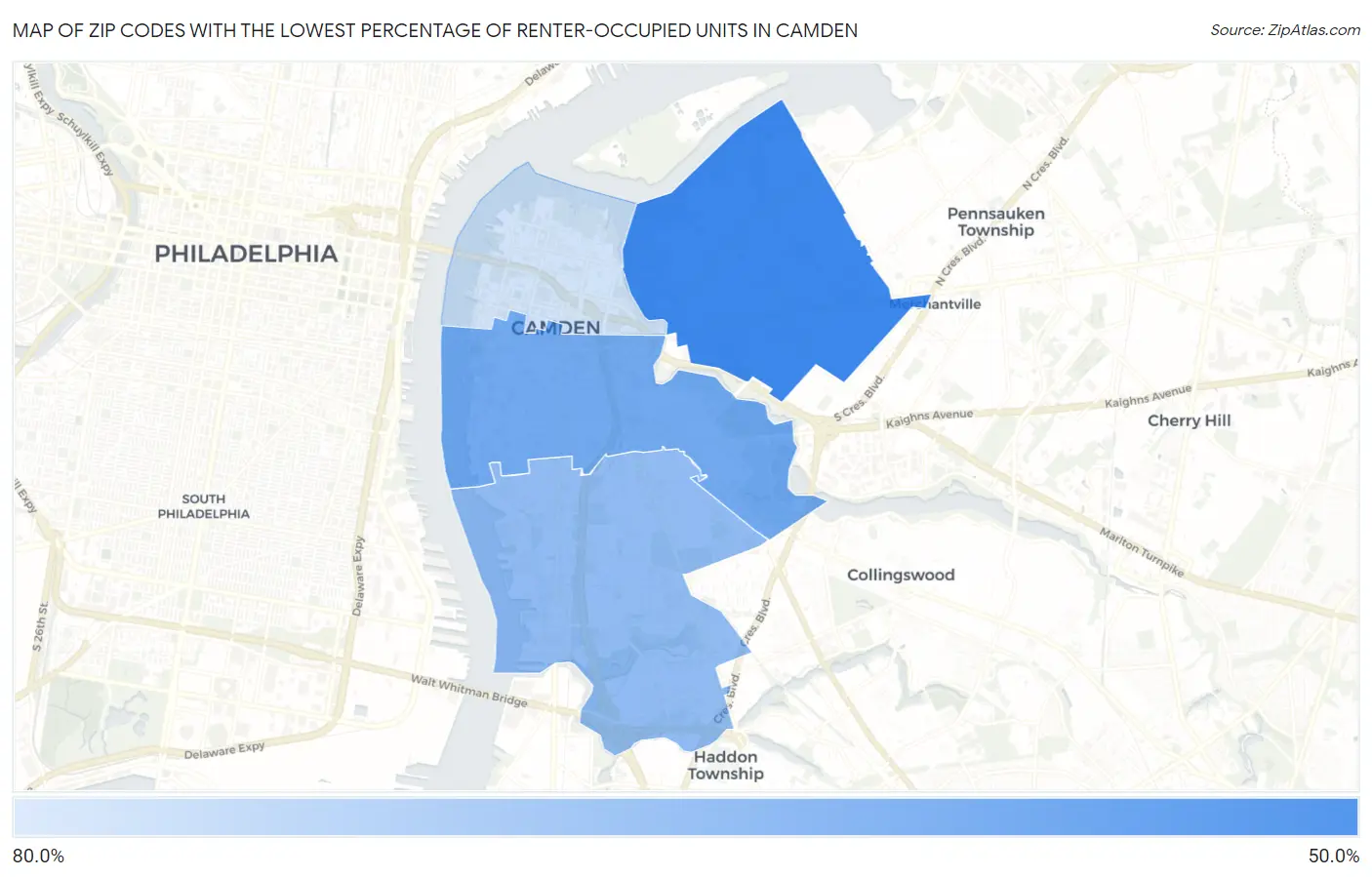 Zip Codes with the Lowest Percentage of Renter-Occupied Units in Camden Map