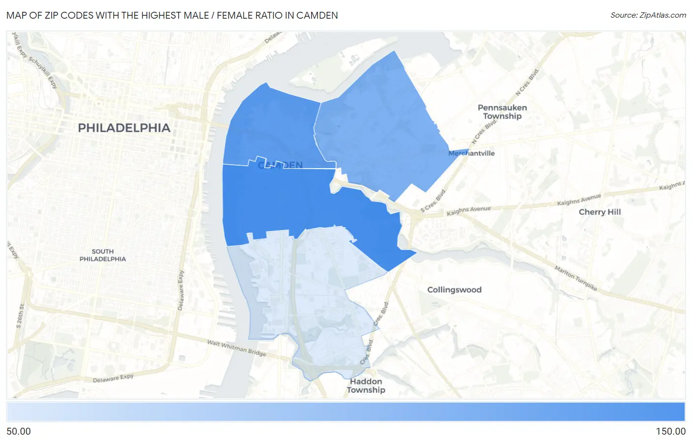 Zip Codes with the Highest Male / Female Ratio in Camden Map